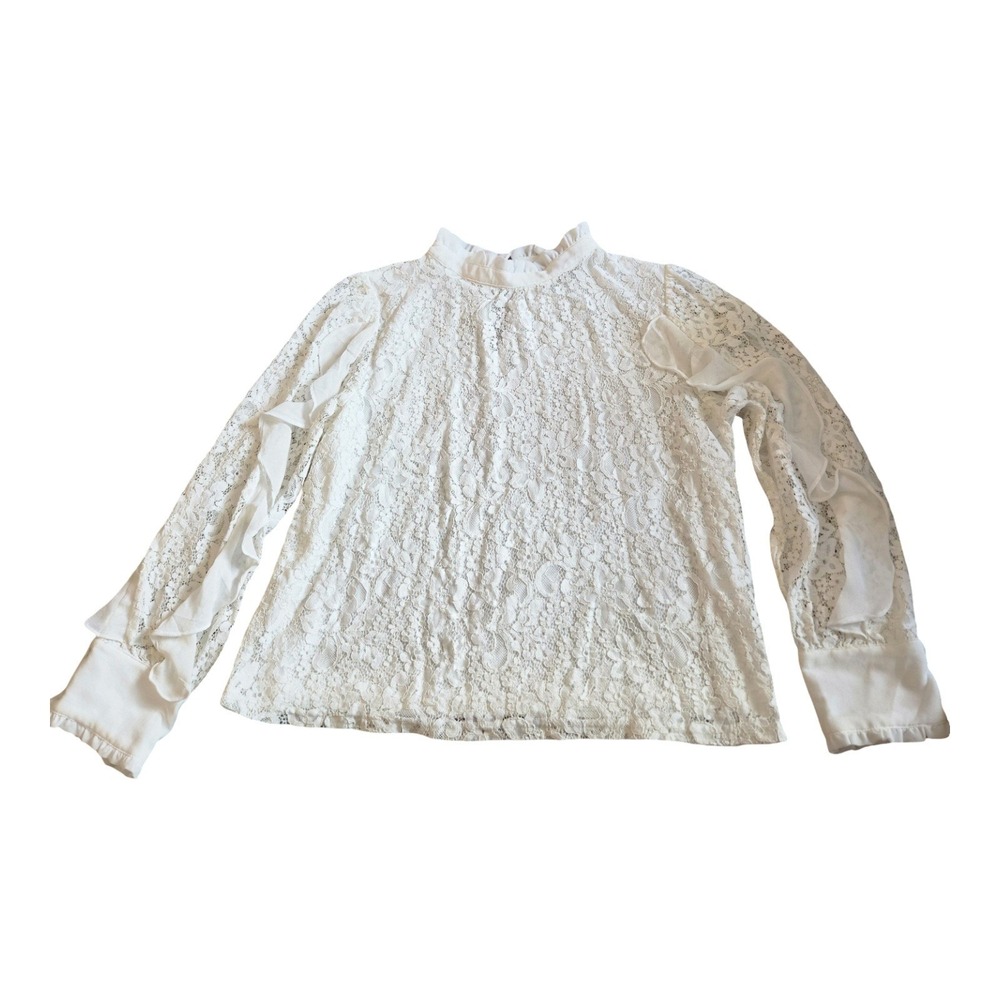 Alice Blue Women White Floral Lace Ruffle High Neck Long Sleeve Blouse Top